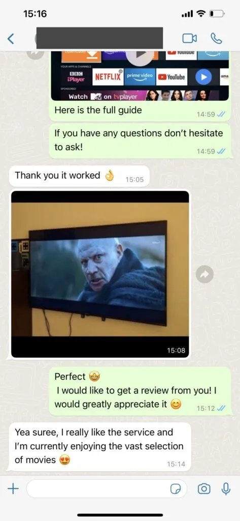 WhatsApp kundeservice samtale med hurtig IPTV aktivering